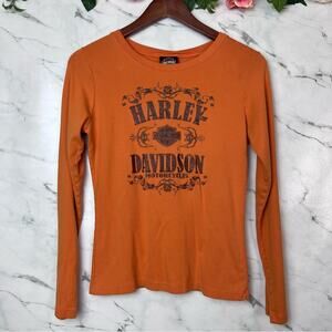 Harley Davidson Rhinestone Glitter Long Sleeve Biker Shirt Orange Large